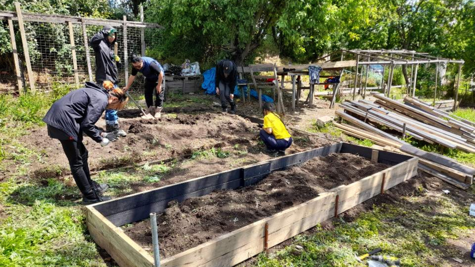 Young men and women tending to a garden.