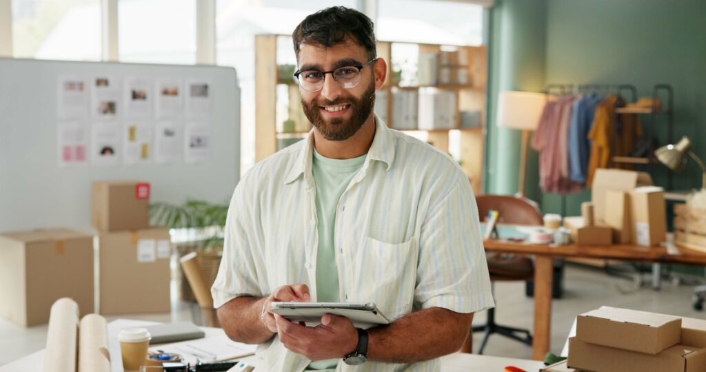 Portrait of a man with a tablet, conducting a stock check for a small shipping business, representing logistics and e-commerce in a startup environment.