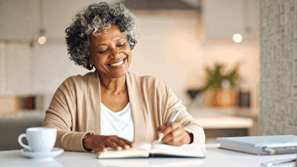 An older woman smiling as she writes in a notebook at a kitchen table with a cup of coffee beside her