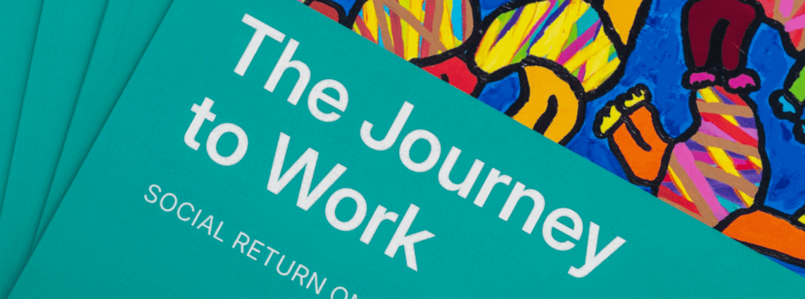 Promotional brochures for 'WISE IDEA' titled 'The Journey to Work: Social Return on Investment,' with vibrant abstract bird patterns and the 'WISE' logo.