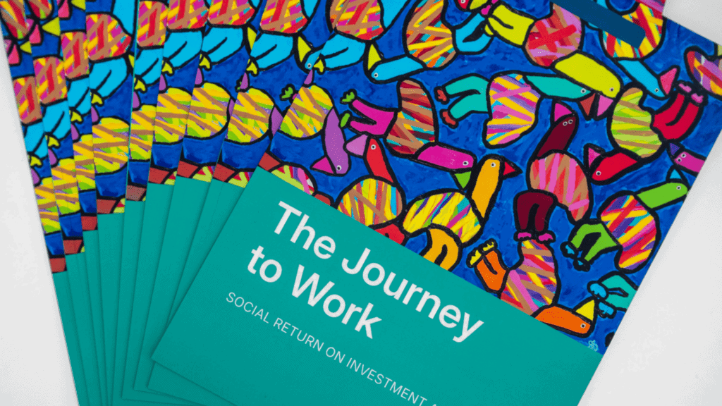 Promotional brochures for 'WISE IDEA' titled 'The Journey to Work: Social Return on Investment,' with vibrant abstract bird patterns and the 'WISE' logo.