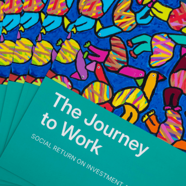 Promotional brochures for 'WISE IDEA' titled 'The Journey to Work: Social Return on Investment,' with vibrant abstract bird patterns and the 'WISE' logo.